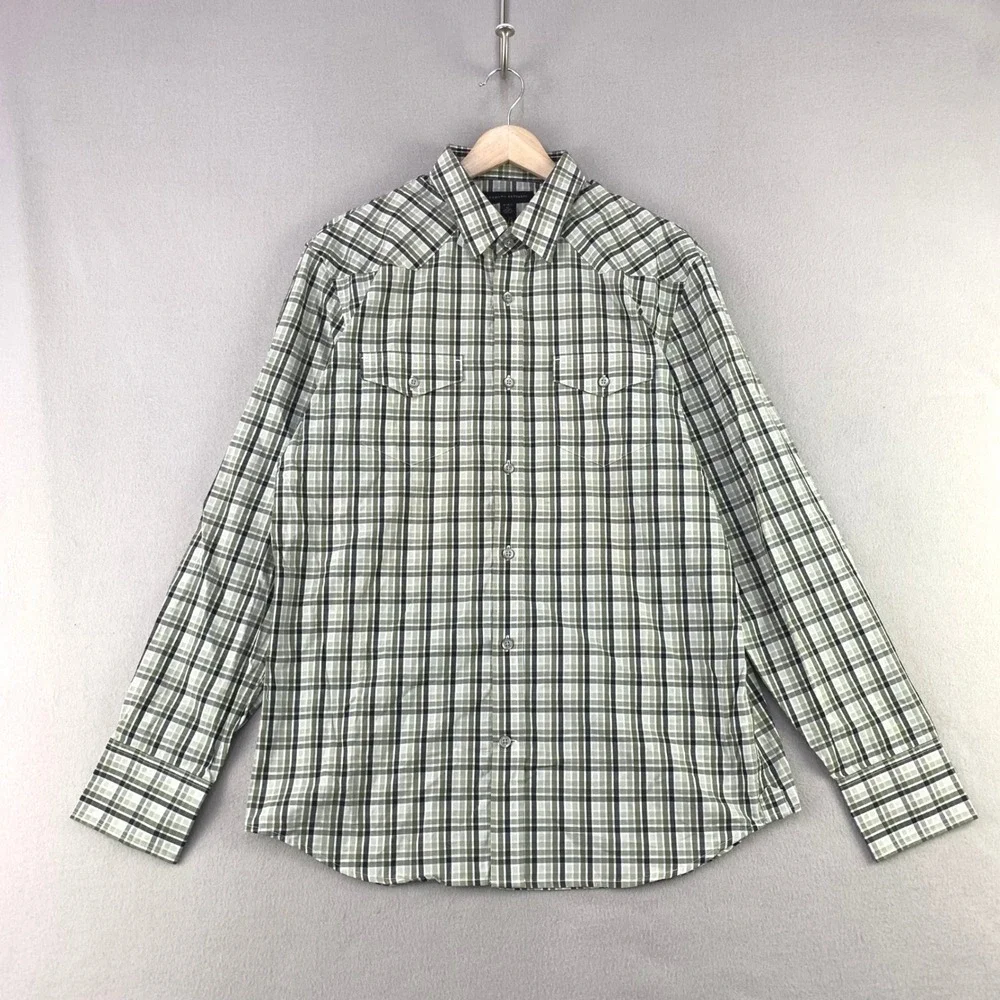 Banana Republic Plaid Western Button Down Men M Green Long Sleeve Shirt NWT